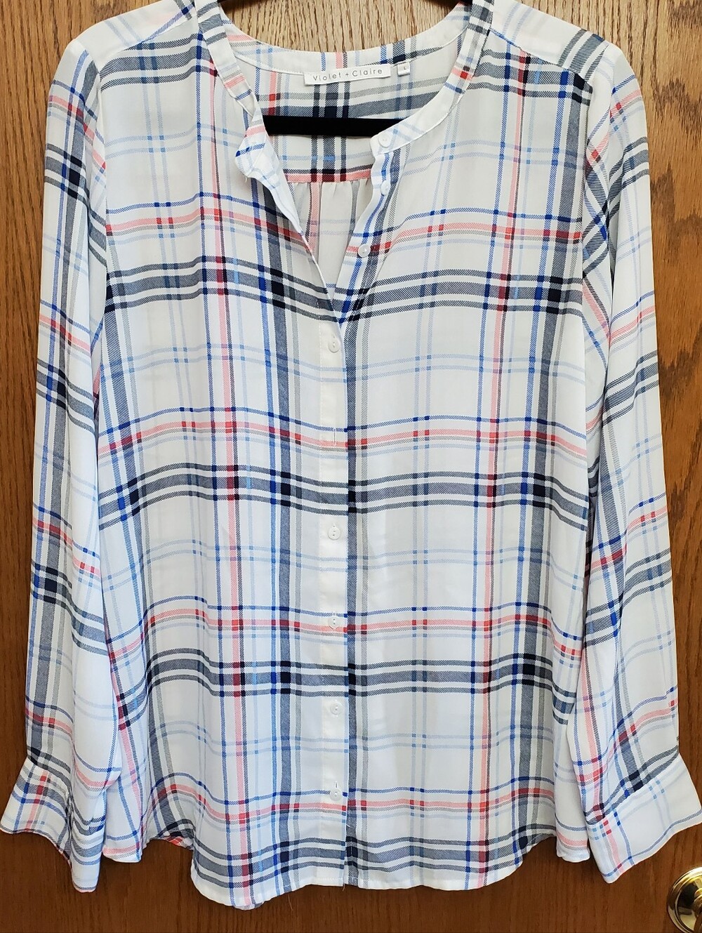 Violet & Claire White Plaid Button-Down Blouse with Navy & Red Stripes